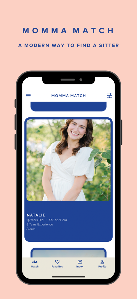 Momma Match app screen showing a babysitter profile for Natalie with her age, hourly rate, and experience