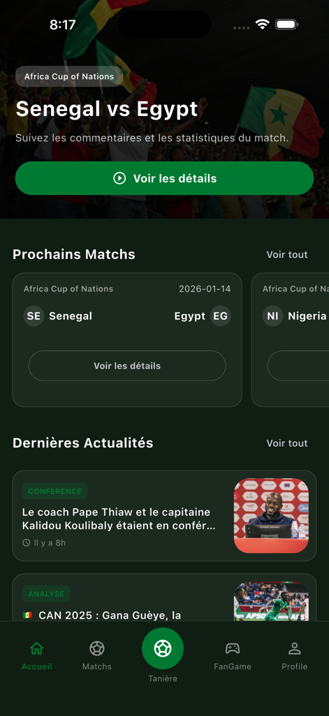 Home screen of the GoGainde app displaying Senegalese football news and upcoming match details