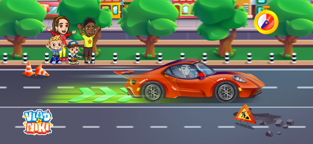 Ein roter Sportwagen fährt durch eine Comicstadt, während die Figuren Vlad und Niki winken