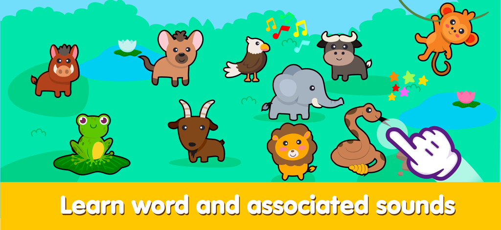 Wow Kids Baby Piano - Cartoon animals in a green jungle landscape showing an interactive game to learn animal names and sounds.