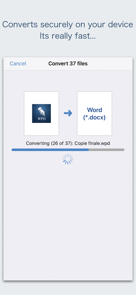 Interface showing a secure batch conversion of WordPerfect files to Word documents on a mobile device.