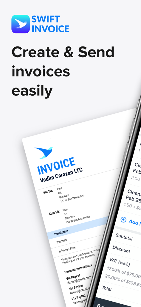 Swift Invoice app interface showing a professional digital invoice template on a smartphone