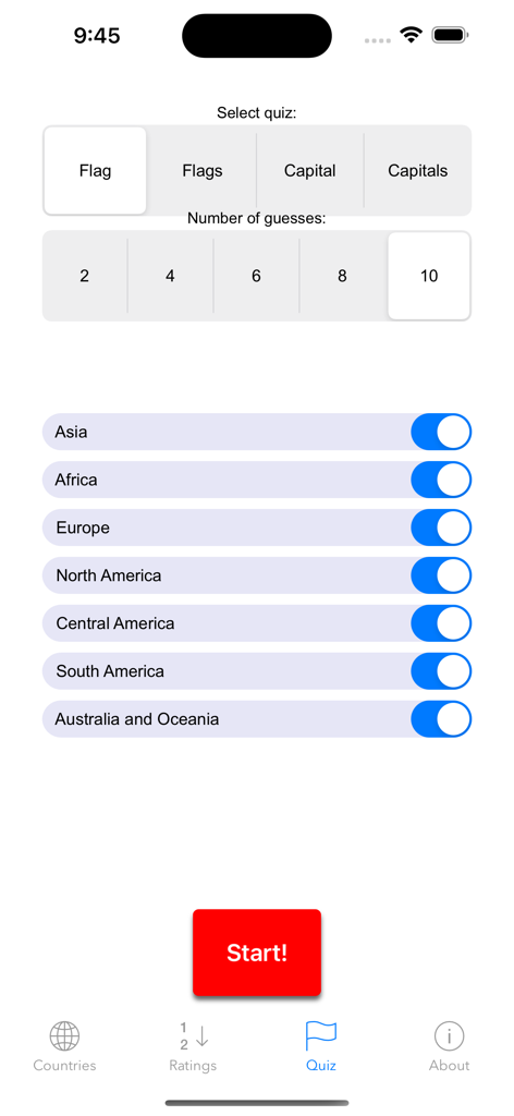 Countries! - Pantalla de configuración de concurso de geografía con opciones de banderas, capitales, número de intentos y selección de continente