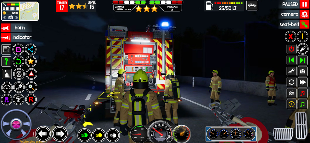 Rescue Squad Firestorm Mission - Firefighters in yellow gear standing behind a fire truck during a night rescue mission in a mobile simulation game.