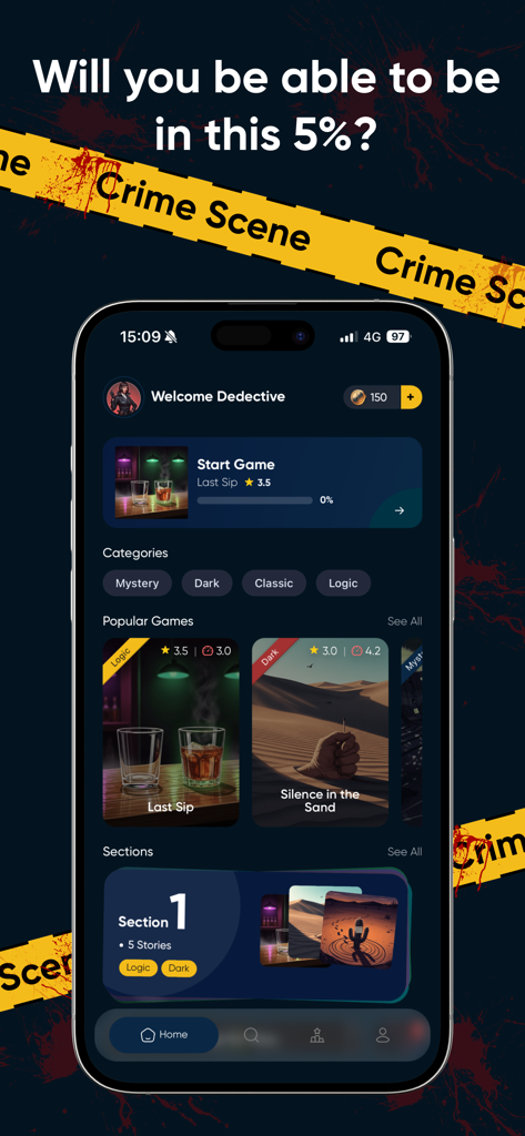 What Happened? Be a detective! - 미스터리 카테고리와 인기 범죄 사건이 특징인 What Happened 탐정 앱의 메인 메뉴