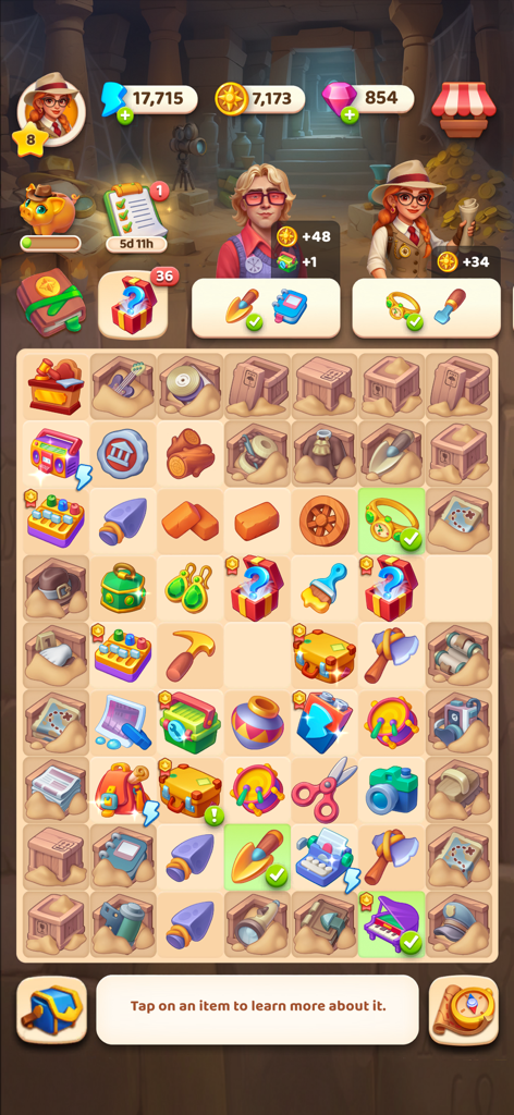 Olivia's Mysteries - Gameplay screen of Olivias Mysteries showing a merge board with tools and artifacts and character requests