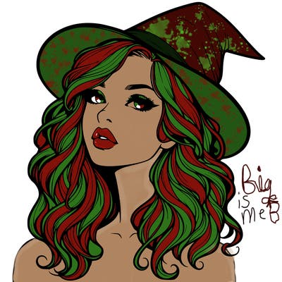 realistic witch girl with wavy hair and lips