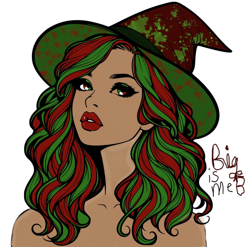 realistic witch girl with wavy hair and lips