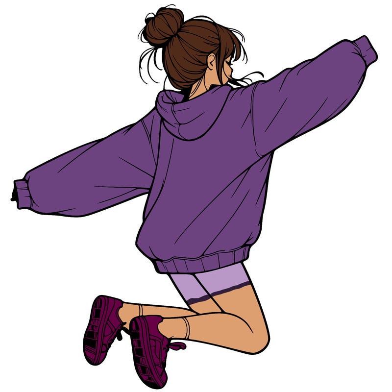 realistic girl jumping with a bun and oversized sweatshirt