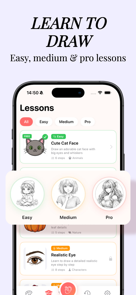 AR Drawing Pro - Trace & Paint - La pantalla de lecciones de la aplicación AR Drawing Pro con niveles de dificultad fácil, medio y profesional para aprender a dibujar