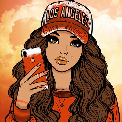 realistic beautiful girl wearing los ángeles cap holding an iphone