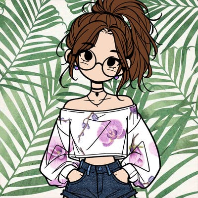 girl with a messy ponytail glasses a baggy crop top and jean shorts