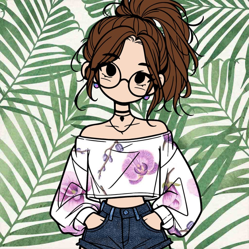 girl with a messy ponytail glasses a baggy crop top and jean shorts