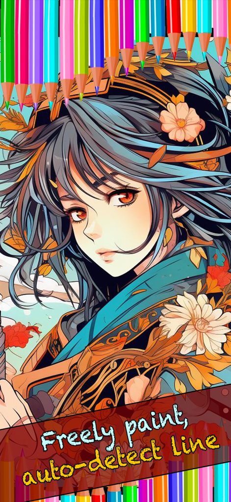 Coloring Book for Horror Anime - Personaje de chica de anime en una aplicación de libro para colorear digital con lápices de colores.