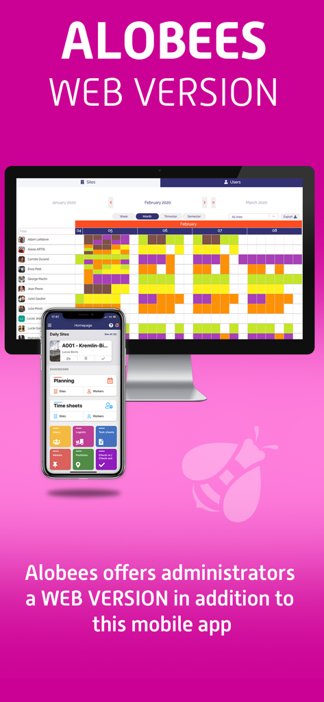 Alobees - Alobees construction management software interface displayed on a desktop monitor and a smartphone