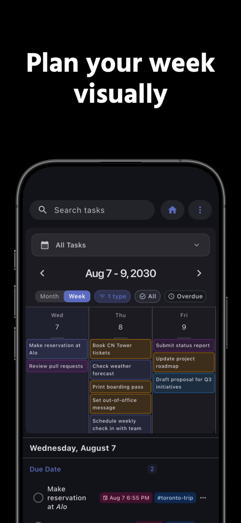 TaskForge - Obsidian Tasks - TaskForge mobile app displaying a weekly calendar view with color-coded tasks for visual planning.