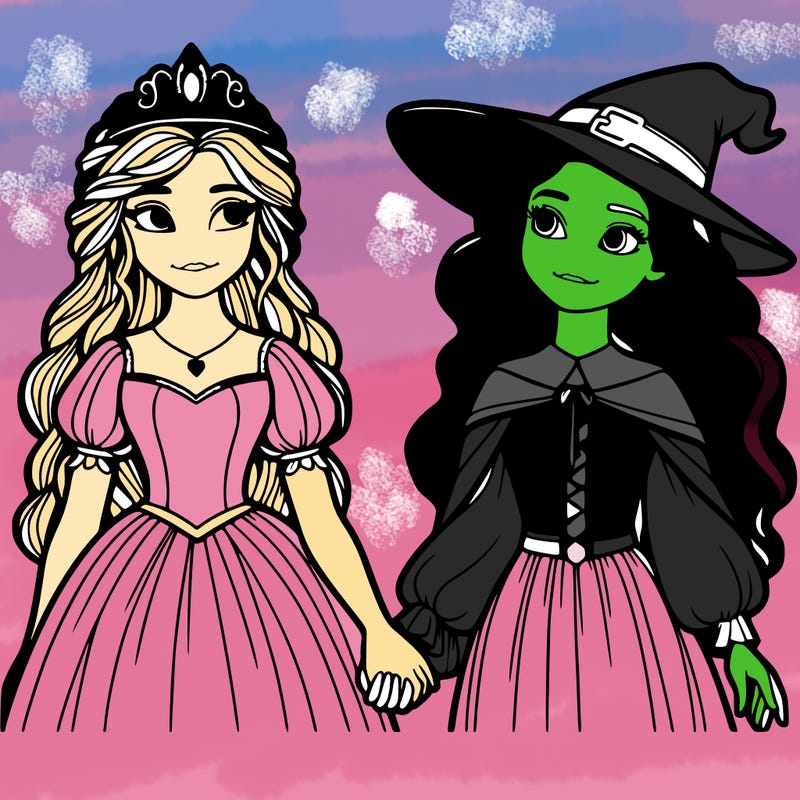 a princess and a witch holding hands realistic