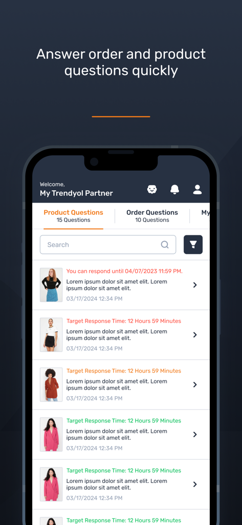 Trendyol Seller Center - Interface of Trendyol Seller Center mobile app showing product and order questions from customers with response deadlines
