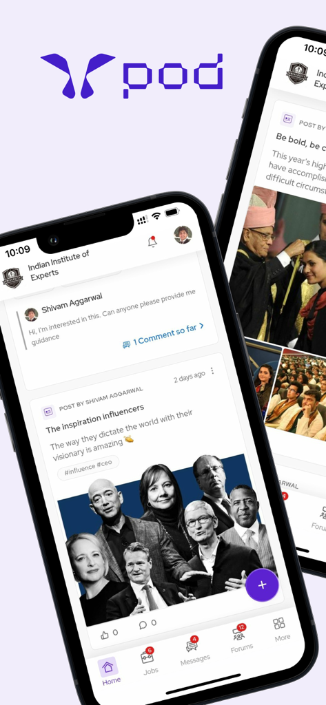 pod.ai - Mobile app screens of pod.ai showing a university social feed with career guidance posts and networking options