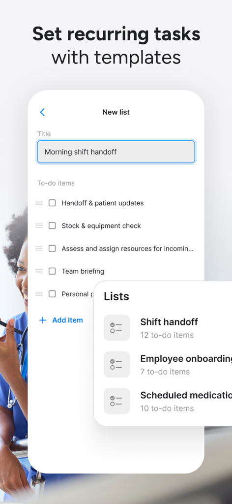 Zenzap: Professional Work Chat - Zenzap app interface showing a recurring task list for a morning shift handoff with a menu of pre-made templates.