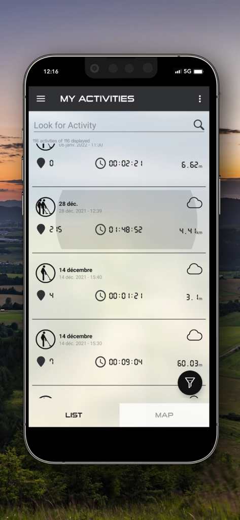 A list of recorded metal detecting activities in the Go Terrain app showing dates duration and distance