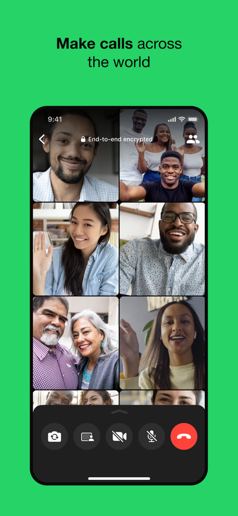 WhatsApp group video call interface showing multiple diverse participants with end-to-end encryption