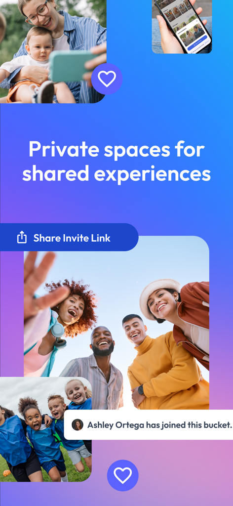 Photobucket: Private sharing - Pantalla de la aplicación Photobucket que muestra espacios privados para experiencias compartidas con fotos de familiares y amigos