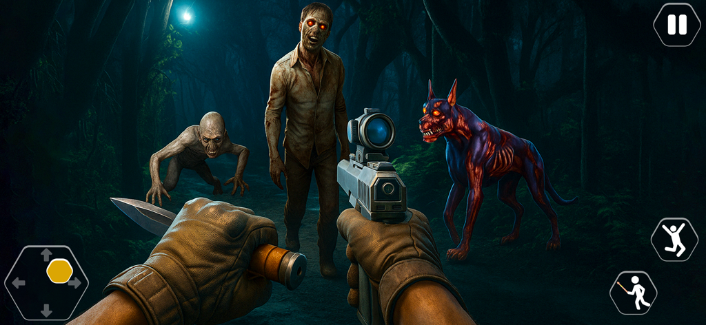 The Silent Stalker SpringNight - First-person gameplay of The Silent Stalker SpringNight featuring a player with weapons facing zombies in a dark jungle