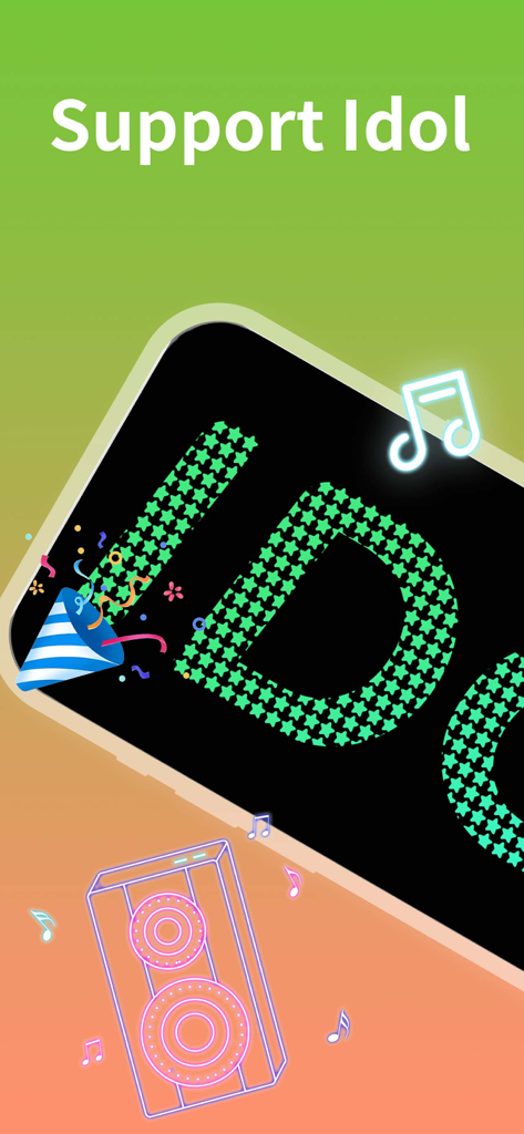 LED Banner-Scroller Text Maker - A smartphone screen displaying green star-patterned LED text saying IDOL surrounded by party and music icons