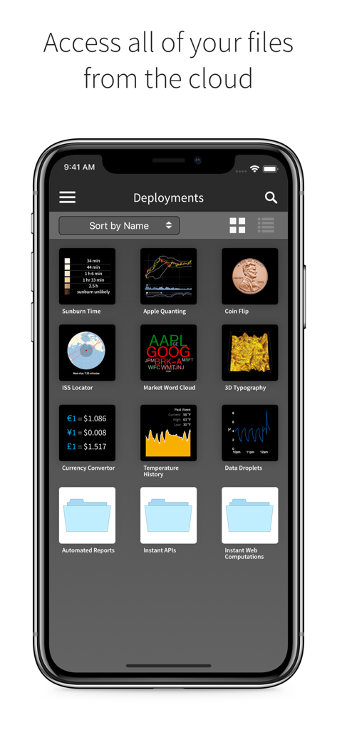 Wolfram Cloud - Interfaz móvil de Wolfram Cloud mostrando varios despliegues de datos y carpetas en la nube