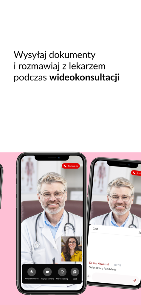 Smartphone screen showing a medical video consultation with a doctor and a chat interface