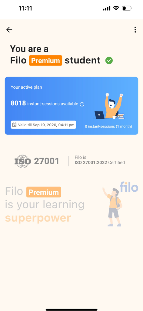 Filo: Homework & Exam Help - Filo Premium student dashboard showing active subscription and instant sessions balance