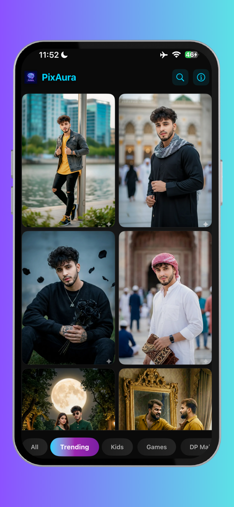 PixAura - AI Prompt Generator - PixAura app interface showing trending AI-generated portrait and photography prompts in a grid layout.