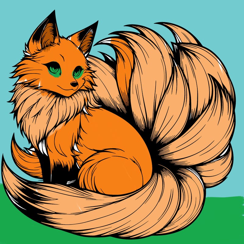 realistic detailed 9 tailed anime fox