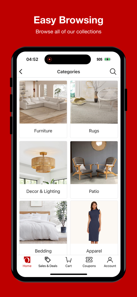 Overstock - The Overstock app interface showing shopping categories for furniture rugs and home decor