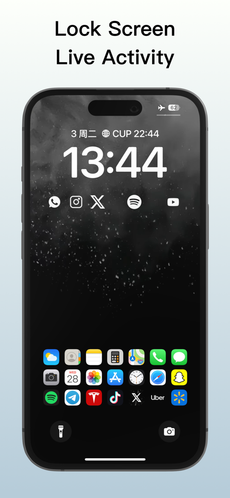 Launcher x – Quick App Widgets - Tela de bloqueio do iPhone apresentando widgets de atalho de aplicativos personalizados e exibição de Atividade ao Vivo usando Launcher x