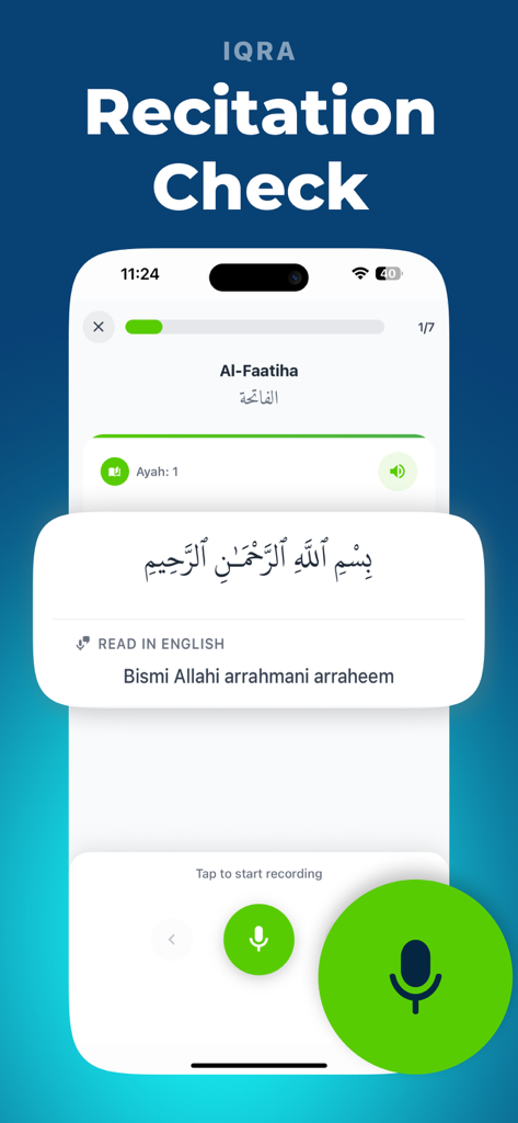 Iqra: Quran Tutor - Iqra Quran Tutor app interface showing the recitation check feature with AI feedback and microphone button