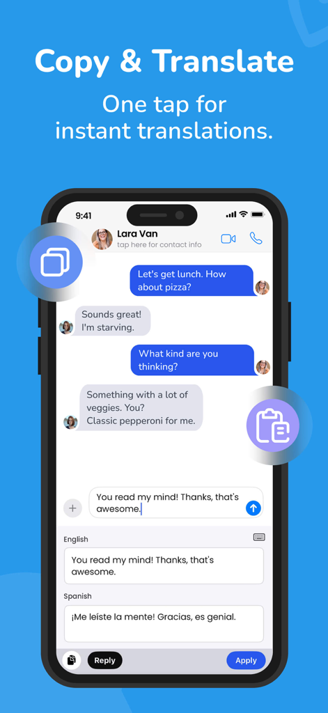 Translatify: Chat Translator - Smartphone screen showing instant English to Spanish chat translation