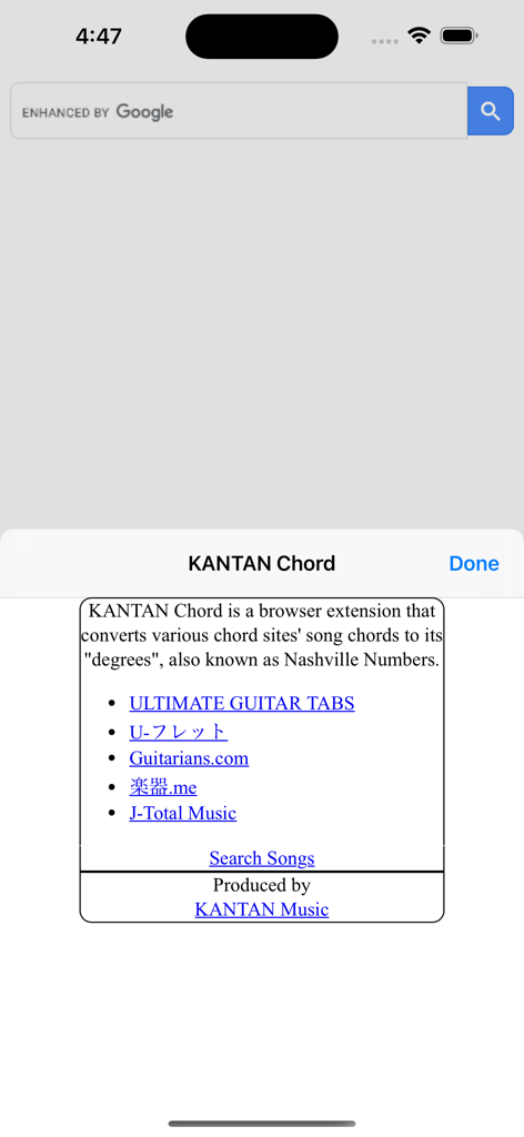 KANTAN Chord - Écran d'introduction de l'extension KANTAN Chord montrant une liste de sites musicaux compatibles comme Ultimate Guitar et des informations sur la conversion en chiffres de Nashville.