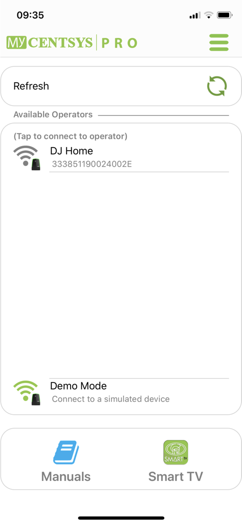Schermata dell'app MyCentsys Pro che mostra un elenco di operatori di cancelli disponibili e la modalità demo per la configurazione wireless