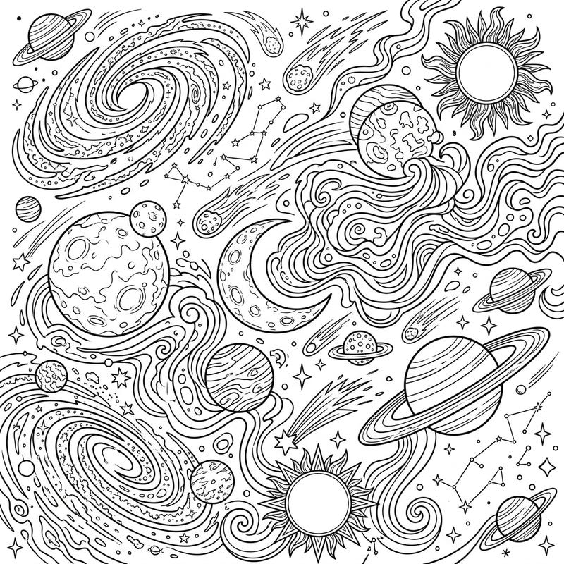 Embark on an epic journey through the cosmos with this stunning digital space art coloring page. Featuring a mesmerizing array of galaxies, planets, and celestial phenomena, it offers an intricate escape into the wonders of the universe.