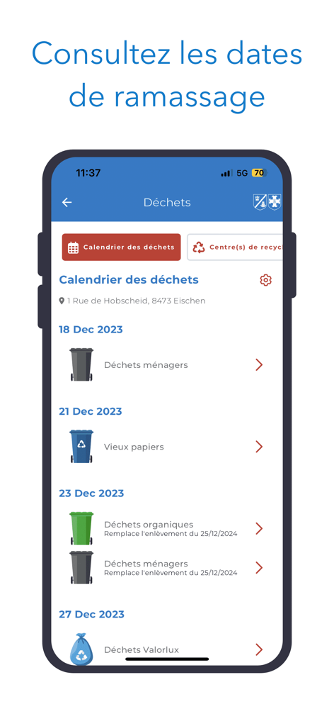 Pantalla móvil que muestra el calendario de recolección de residuos en la aplicación de la ciudad Habscht con fechas de recogida específicas para residuos domésticos y orgánicos