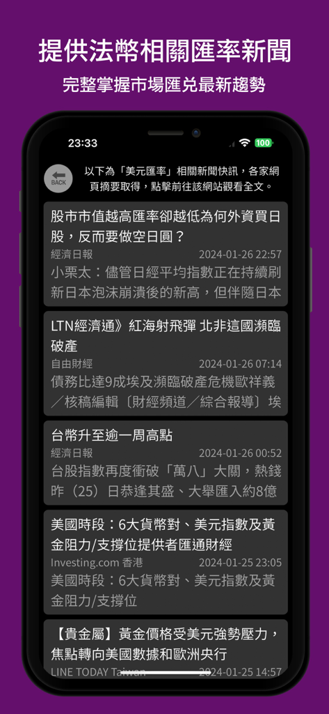 CurrencyExアプリの画面。伝統的な中国語での為替レートの更新と市場トレンドを示す金融ニュースフィードを表示しています。