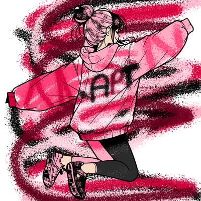realistic girl jumping with a bun and oversized sweatshirt