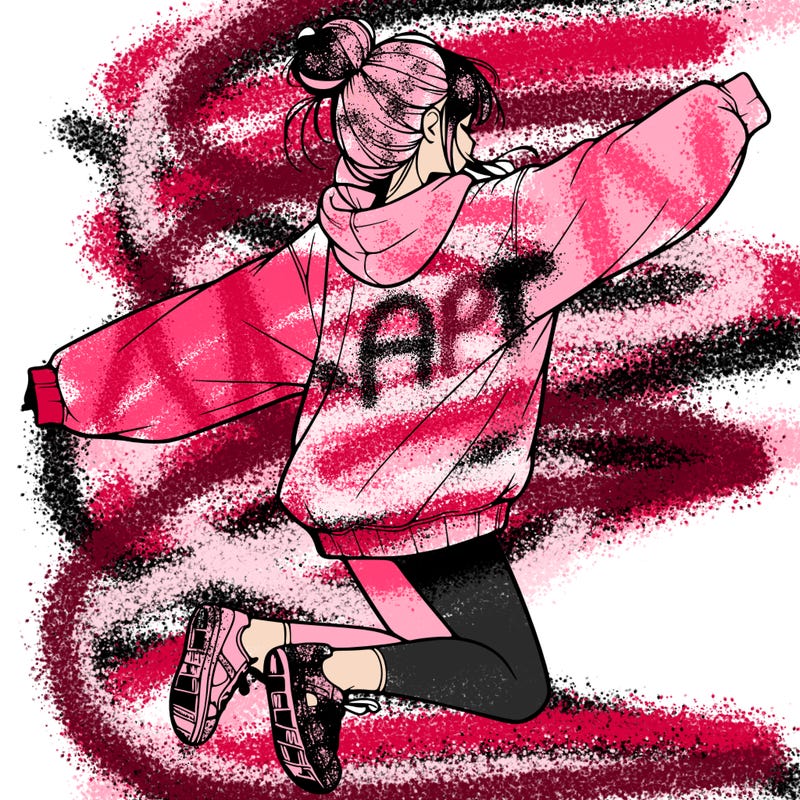 realistic girl jumping with a bun and oversized sweatshirt