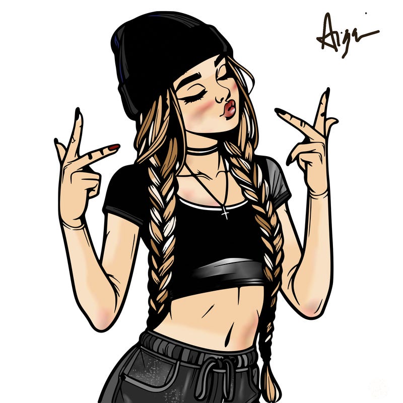realistic teenage girl with braids and a beanie and crop top doing 🫶🏼