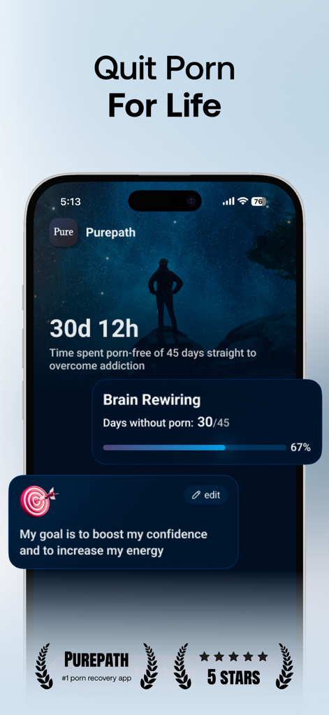 Purepath - Quit Porn Now - Purepath App-Oberfläche mit einem 30-tägigen Abstinenz-Streak und dem Fortschritt der Gehirnverdrahtung