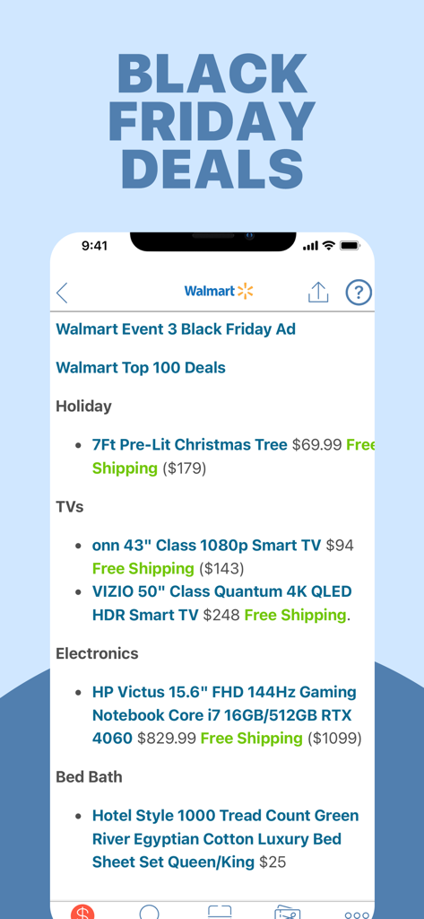 A mobile app screen displaying a list of Walmart Black Friday deals for electronics and home goods.