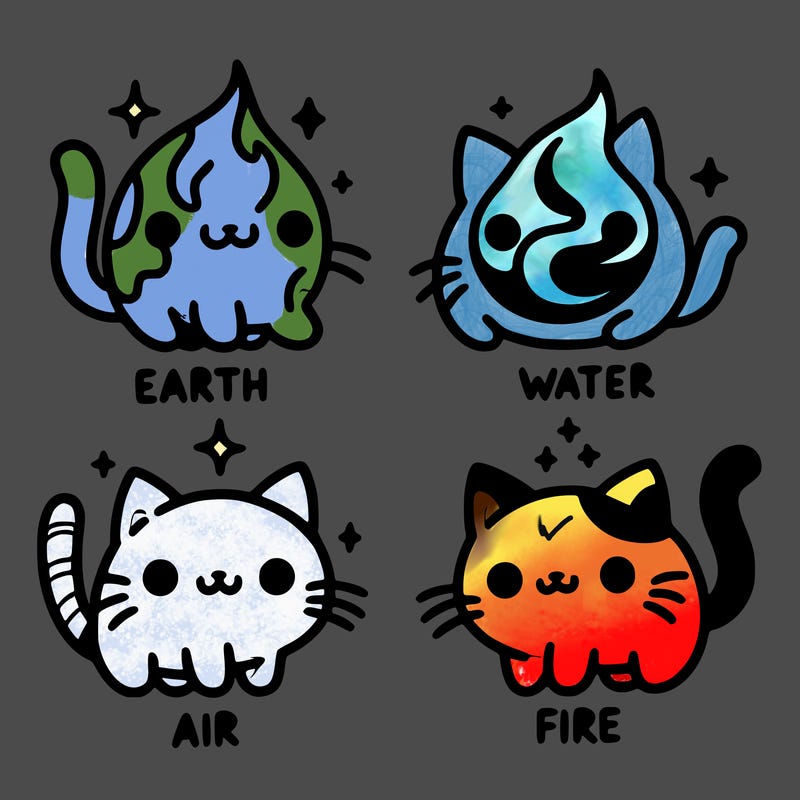 4 cats that represent the different elements, earth, water, air, and fire