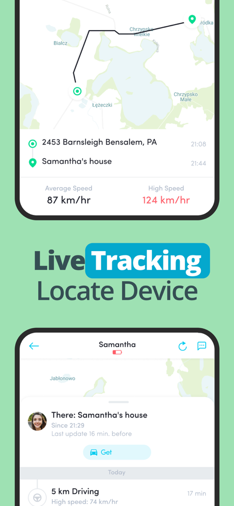 Family Friend Locator: Carpin - Mobile app screen showing live GPS tracking and driving history for family members